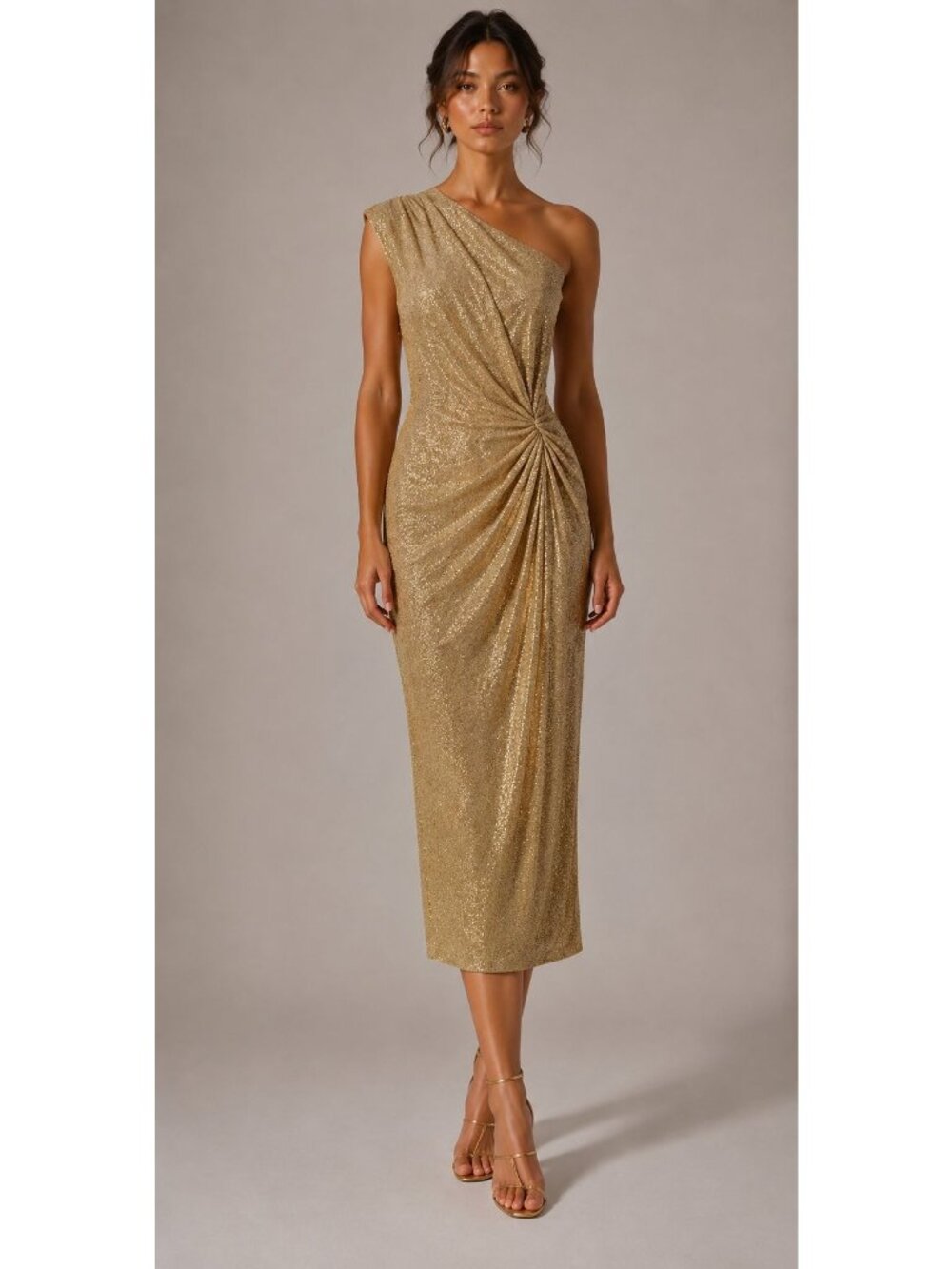 NWT $2290 Rhea Costa One Shoulder Gold Glitter Midi Dress Size 12